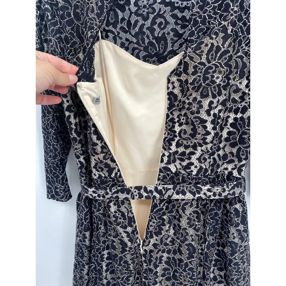 Eliza J Black Lace Overlay Tan Lined Cocktail Dress Belt Long Sleeve 6